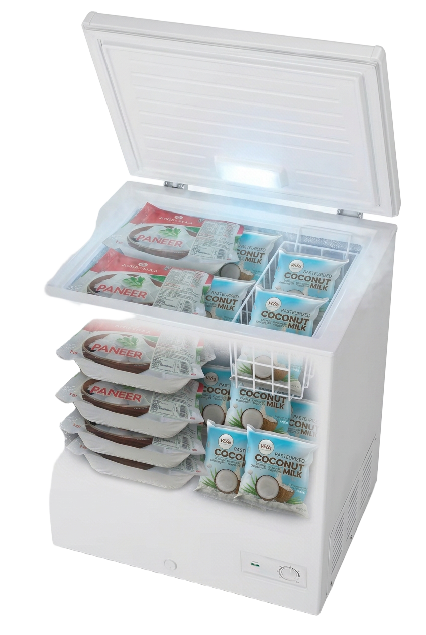 Open commercial chest freezer stocked with Southlink Traders paneer and coconut milk packs